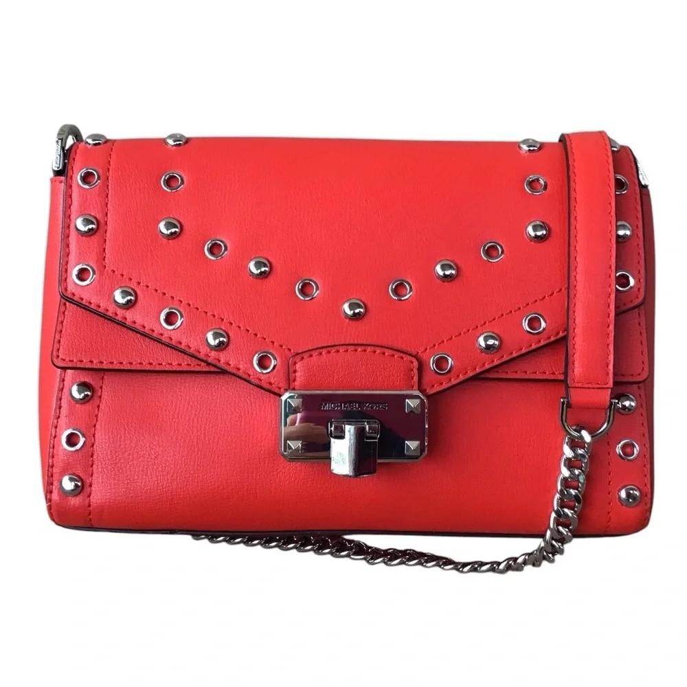 Michael Kors Kinsley Red Leather Studded Crossbody